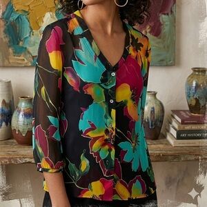 Soft Surroundings Silk Floral Sheer Blouse Artsy Lagenlook Bohemian Size Small